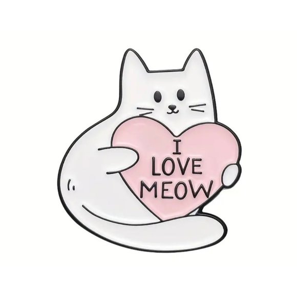 Cute Enamel White Cat Brooch Pin for Bags and Clothing - Adorable "I Love Meow" - Picture 1 of 3